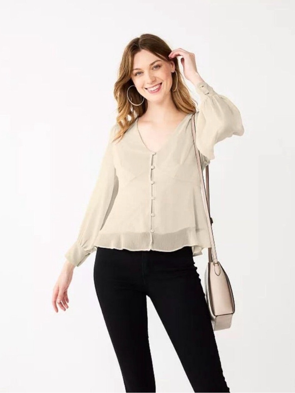 Women's Cream V-Neck Button Front Blouse